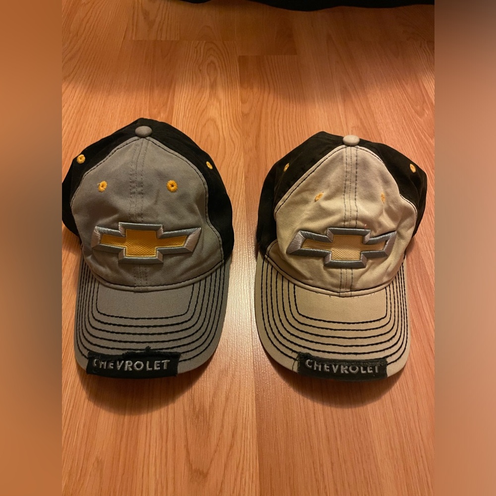 LOT OF 2 Chevy Chevrolet GM Official Licensed Hats Caps Bowtie Logo Gray Tan